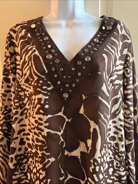 Macy's Brown and Cream Animal-Print V-Neck Studded Tunic